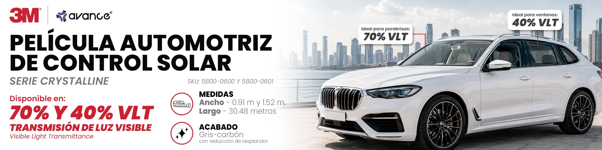 Película de control solar automotriz 3M Crystalline instalada en vehículo