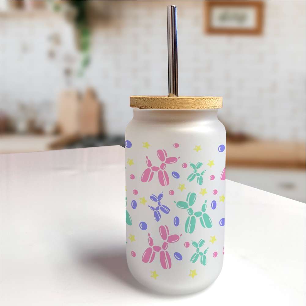 Vaso de vidrio frosted tapa bambu y popote 400ml sublimarts