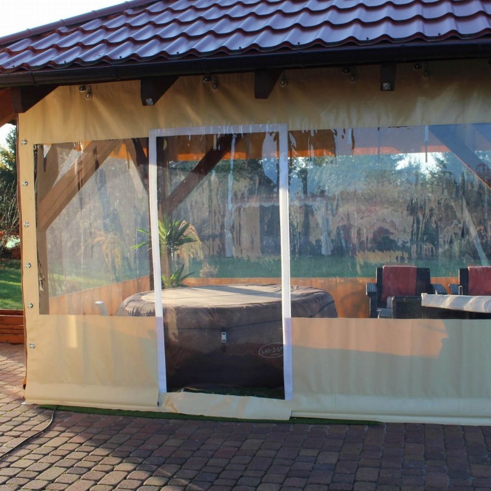 Lona de vinil transparente impermeable para exterior en negocios, toldos y carpas