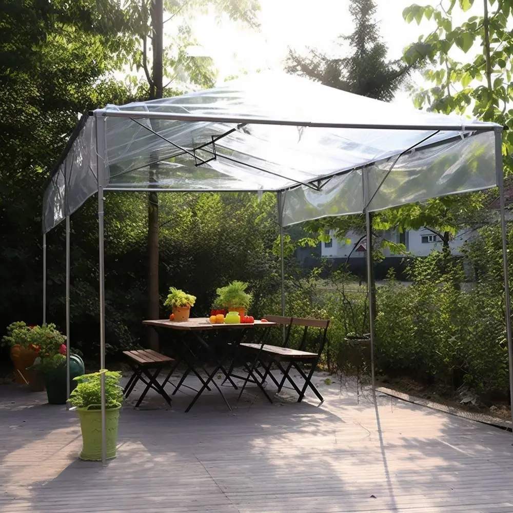 Lona de vinil transparente impermeable para exterior en negocios, toldos y carpas